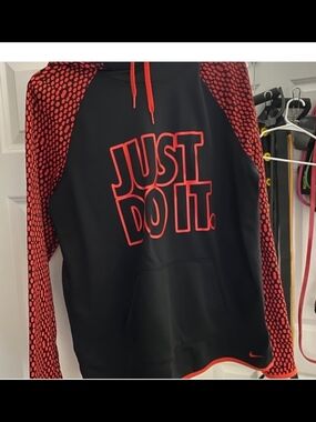 Nike Black Hoodie with Red Graphic and Patterned Sleeves